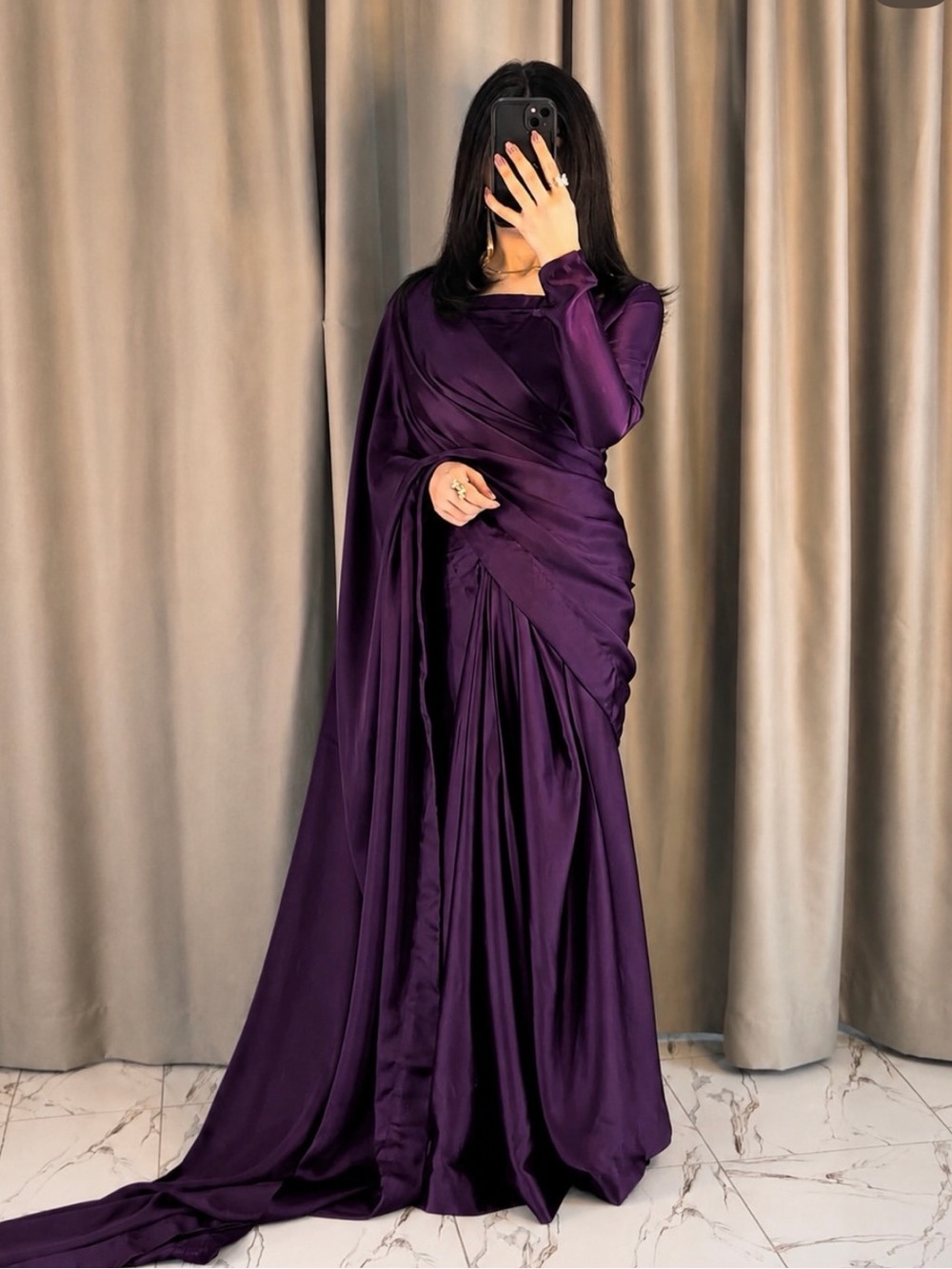 Elegant Purple Satin Draped Saree